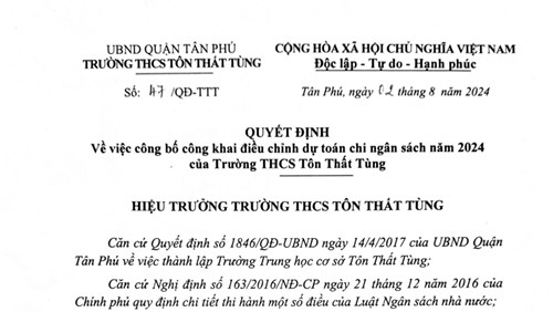 Quyết định về việc công bố công khai điều chỉnh dự toán chi ngân sách năm 2024 cửa Trường THCS Tôn Thất Tùng