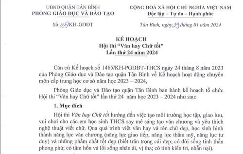 Kế hoạch tổ chức Hội thi  Văn hay chữ tốt  lần thứ 24 năm học 2023-2024