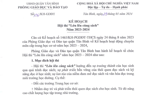 Kế hoạch tổ chức Hội thi  Lớn lên cùng sách  năm học 2023 - 2024