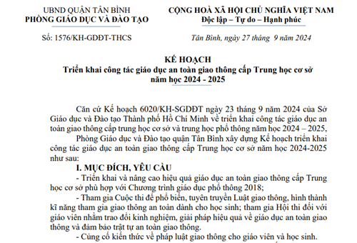 Về triển khai công tác giáo dục An toàn giao thông cấp THCS năm học 2024-2025