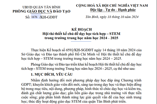Kế hoạch hội thi thiết kế chủ đề dạy học tích hợp STEM trong trường trung học năm 2024-2025