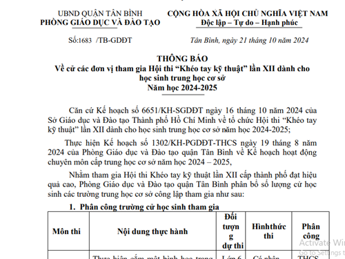 Về cử các đơn vị tham gia hội thi  khéo tay kỹ thuật  lần thứ XII dành cho học sinh THCS năm học 2024-2025