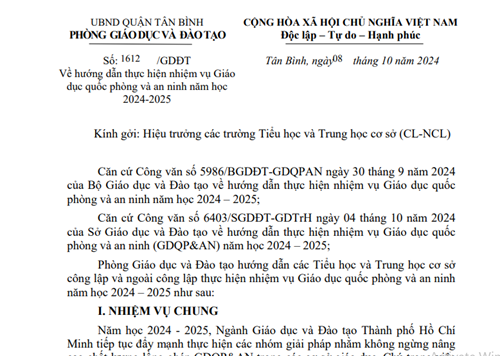 Về hướng dẫn thực hiện nhiệm vụ Giáo dục quốc phòng và an ninh năm học 2024-2025
