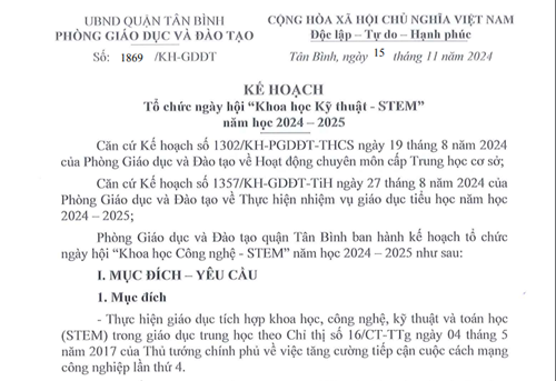 Về Kế hoạch số 1869/KH-GDĐT ra ngày 15 tháng 11 năm 2024 của Phòng GDĐT về tổ chức ngày hội  Khoa học kỹ thuật STEM  năm học 2024-2025