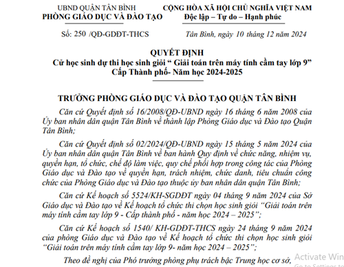 Về cử học sinh dự thi học sinh giỏi  Giải toán trên máy tính cầm tay lớp 9  cấp Thành phố năm học 2024-2025