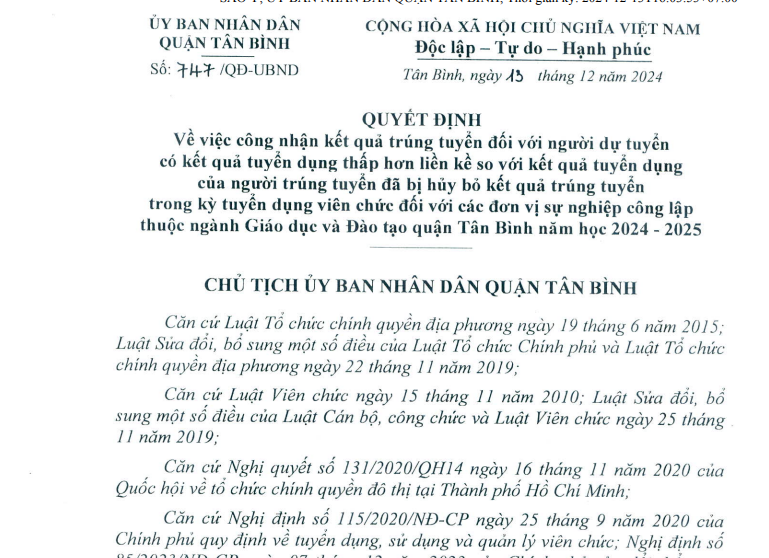 Về việc công nhận kết quả tuyển dụng đối với người dự tuyển có kết quả tuyển dụng thấp hơn liền kề so với kết quả tuyển dụng của người trúng tuyển đã bị hủy bỏ kết quả trúng tuyển trong kỳ tuyển dụng viên chức đối với ngành GDĐT quận Tân Bình năm học 2024-2025
