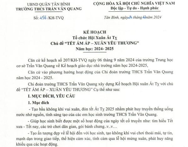 Về việc tổ chức Hội xuân Ất Tỵ chủ đề  Tết ấm áp-Xuân yêu thương  năm học 2024-2025