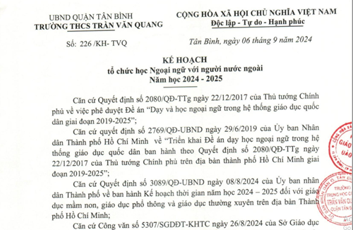 Phê duyệt của Phòng Giáo dục và Đào tạo về Kế hoạch số 226/KH-TVQ ngày 6 tháng 9 năm 2024 của trường THCS Trần Văn Quang về tổ chức học Ngoại ngữ với người nước ngoài Năm học 2024-2025