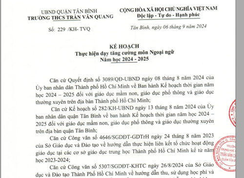 Phê duyệt của Phòng Giáo dục và Đào tạo về Kế hoạch số 229/KH-TVQ ngày 6 tháng 9 năm 2024 của trường THCS Trần Văn Quang về thực hiện dạy tăng cường môn Ngoại ngữ năm học 2024-2025