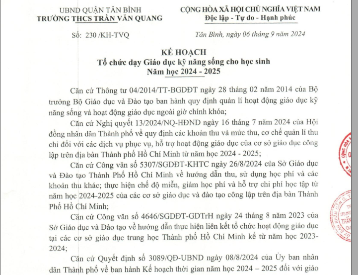 Phê duyệt của Phòng Giáo dục và Đào tạo về Kế hoạch số 230/KH-TVQ ngày 6 tháng 9 năm 2024 của trường THCS Trần Văn Quang về tổ chức dạy giáo dục kỹ năng sống cho học sinh Năm học 2024-2025