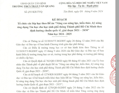 Phê duyệt của Phòng Giáo dục và Đào tạo về Kế hoạch số 233/KH-TVQ ngày 7 tháng 9 năm 2024 của trường THCS Trần Văn Quang về Tổ chức các lớp học theo Đề án  Nâng cao năng lực, kiến thức, kỹ năng ứng dụng Tin học cho học sinh phổ thông Thành phố Hồ Chí Minh theo định hướng chuẩn Quốc tế, giai đoạn 2021-2030, Năm học 2024-2025