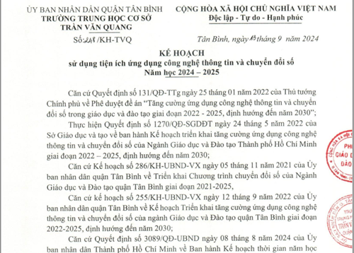 Phê duyệt của Phòng Giáo dục và Đào tạo về Kế hoạch số 248/KH-TVQ ngày 13 tháng 9 năm 2024 của trường THCS Trần Văn Quang về sử dụng tiện ích ứng dụng công nghệ thông tin và chuyển đổi số Năm học 2024-2025