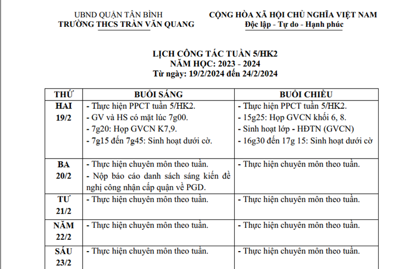 Lịch công tác tuần 5 và Nội dung sinh hoạt chủ nhiệm