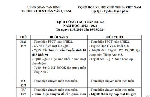 Lịch công tác Tuần 8 và Nội dung sinh hoạt chủ nhiệm