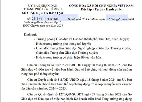 Về hướng dẫn tuyển sinh lớp 10 THPT Chuyên, Tích hợp năm 2024-2025