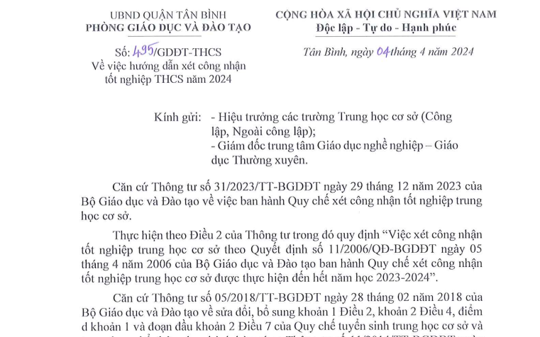 Về hướng dẫn xét công nhận Tốt nghiệp Trung học cơ sở năm 2024