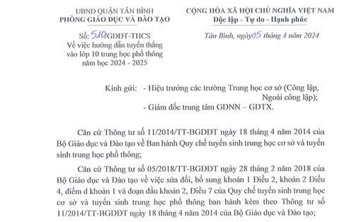Về hướng dẫn tuyển thẳng vào lớp 10 THPT năm học 2024-2025