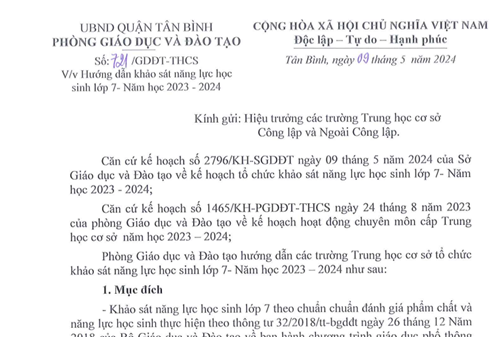 Về khảo sát năng lực học sinh lớp 7 năm học 2023-2024