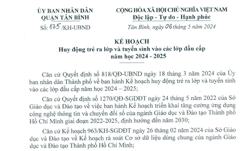 Về kế hoạch huy động trẻ ra lớp và tuyển sinh các lớp đầu cấp năm học 2024-2025