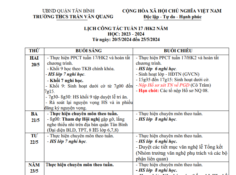 Lịch công tác Tuần 17 và Nội dung Sinh hoạt chủ nhiệm