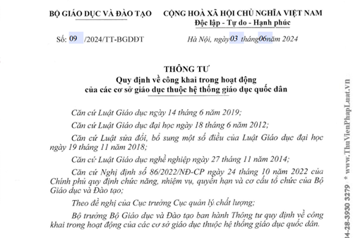 Thông tư 09/2024/TT-BGDĐT quy định về công khai trong hoạt động của các cơ sở giáo dục thuộc hệ thống giáo dục quốc dân