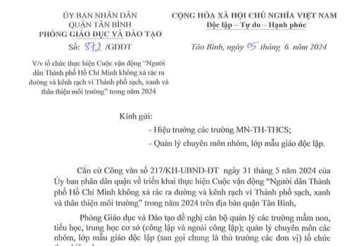 Về triển khai thực hiện Cuộc vận động “Người dân Thành phố Hồ Chí Minh không xả rác ra đường và kênh rạch vì Thành phố sạch, xanh và thân thiện môi trường”