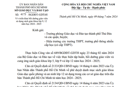 Về việc triển khai bồi dưỡng giáo viên sử dụng sách giáo khoa lớp 9, 12 năm học 2024-2025