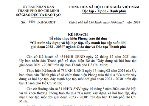 Về kế hoạch tổ chức thực hiện Phong trào thi đua  Cả nước xây dựng xã hội học tập, đẩy mạnh học tập suốt đời giai đoạn 2023 - 2030  ngành Giáo dục và Đào tạo Thành phố