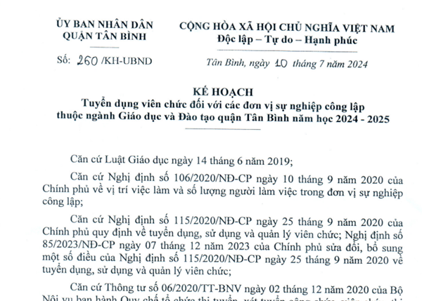 Về kế hoạch tuyển dụng viên chức ngành giáo dục quận Tân Bình