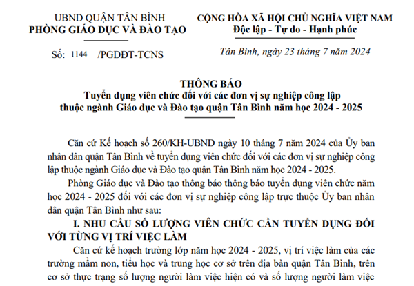 Về thông báo tuyển dụng viên chức đối với các đơn vị sự nghiệp công lập thuộc ngành giáo dục quận Tân Bình năm học 2024-2025