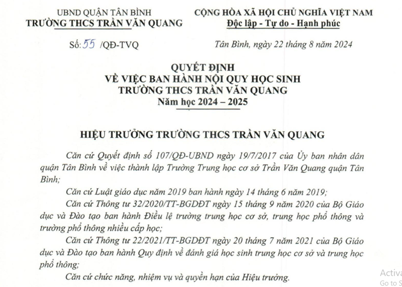 Về việc ban hành Nội quy học sinh năm học 2024-2025