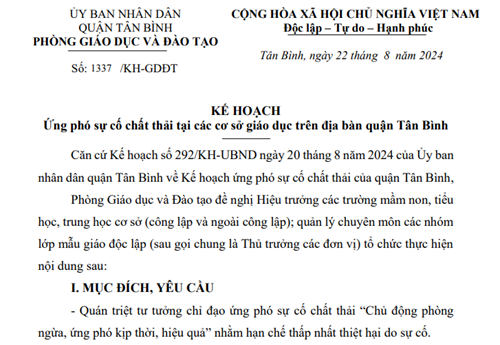 Về kế hoạch ứng phó sự cố chất thải tại các cơ sở giáo dục trên địa bàn quận