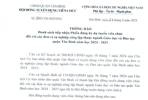 Thông báo danh sách tiếp nhận phiếu đăng ký dự tuyển viên chức năm học 2024-2025