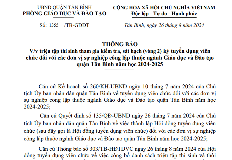 Về triệu tập thí sinh tham gia kiểm tra, sát hạch (vòng 2)