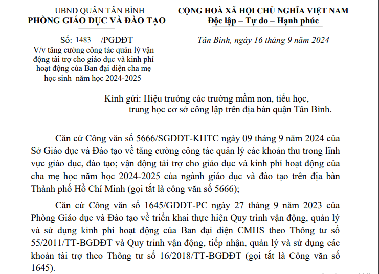 Về tăng cường công tác quản lý vận động tài trợ cho giáo dục và kinh phí hoạt động của Ban đại diện cha mẹ học sinh năm học 2024-2025