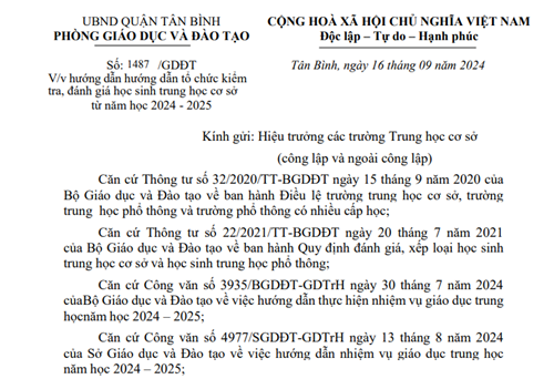 Về hướng dẫn tổ chức kiểm tra, đánh giá học sinh trung học cơ sở năm học 2024-2025