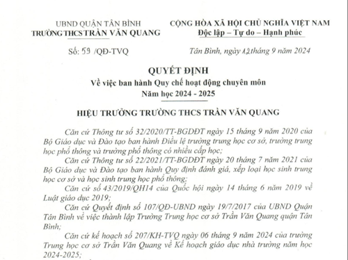 Về ban hành Quy chế hoạt động chuyên môn năm học 2024-2025