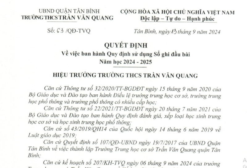 Về ban hành quy định sử dụng Sổ ghi đầu bài năm học 2024-2025