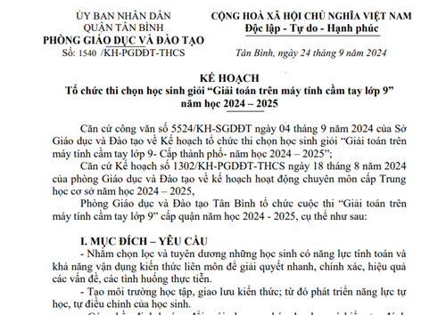 Về tổ chức thi chọn học sinh giỏi  Giải toán trên máy tính cầm tay lớp 9  năm học 2024-2025