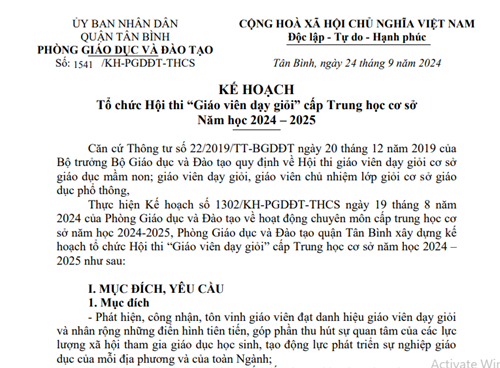 Về tổ chức hội thi  Giáo viên dạy giỏi  cấp Trung học cơ sở năm học 2024-2025