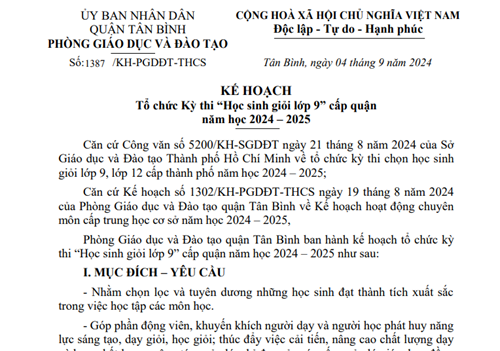 Về kế hoạch tổ chức kỳ thi  Học sinh giỏi lớp 9  cấp Quận năm học 2024-2025
