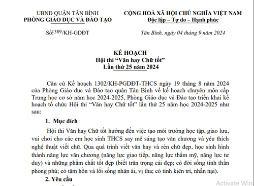 Về kế hoạch hội thi Văn hay Chữ tốt Lần thứ 25 Quận Tân Bình
