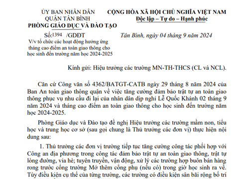Về tổ chức các hoạt động hưởng ứng tháng cao điểm an toàn giao thông cho học sinh đến trường năm học 2024-2025