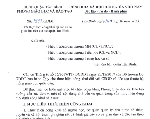 Về thực hiện công khai tại các cơ sở giáo dục trên địa bàn quận Tân Bình