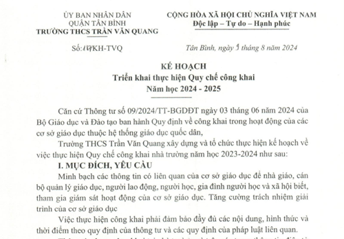 Về kế hoạch triển khai thực hiện quy chế công khai của trường năm học 2024-2025