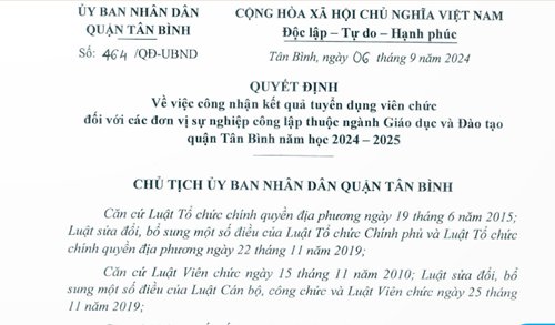Về công nhận kết quả tuyển dụng viên chức ngành Giáo dục quận Tân Bình