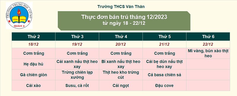 Thực đơn bán trú từ ngày 18 - 22/12/2023