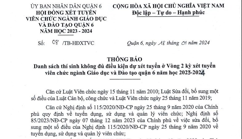 Thông báo danh sách thí sinh không đủ điều kiện dự xét tuyển ở vòng 2 kỳ xét tuyển viên chức nh 2023 -2024