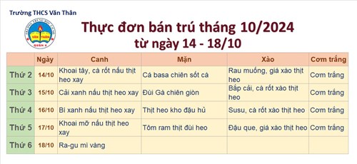Thực đơn bán trú tháng 10/2024 từ ngày 14 - 18/10/2024