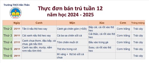 Thực đơn bán trú tuần 12 NH 2024-2025